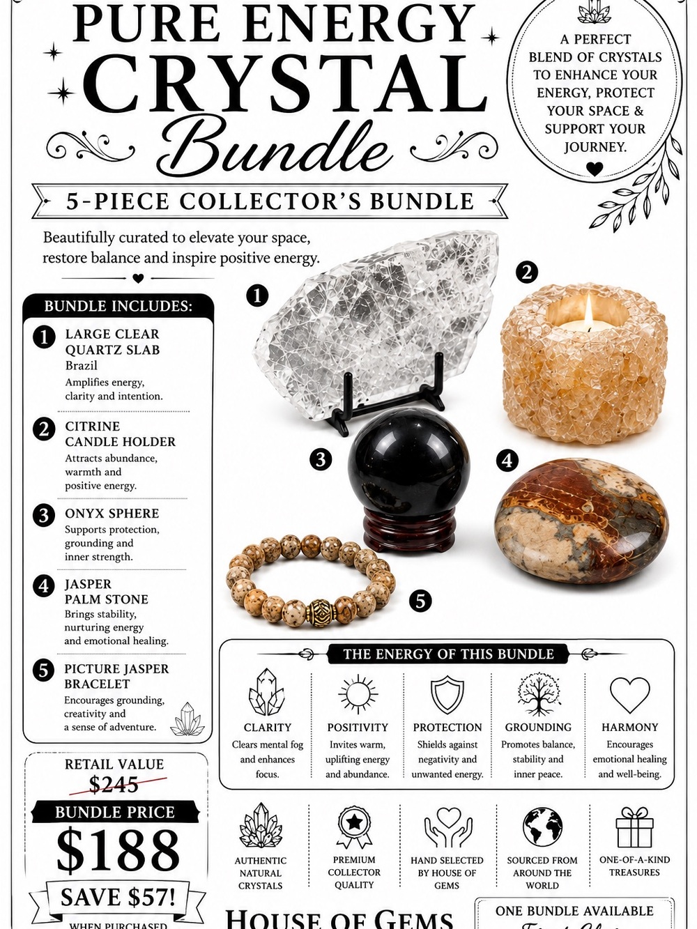 Pure Energy Crystal Bundle - Clear Quartz, Citrine, Onyx, Jasper (Multicolor)